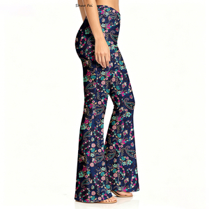 Pantalon de yoga évasé pour <span class=keywords><strong>femme</strong></span>, <span class=keywords><strong>bleu</strong></span> <span class=keywords><strong>marine</strong></span>, motif floral cachemire, 230g, en soie de lait épaisse, coupe cloche, imprimé numérique, taille haute, leggings d'entraînement - Product Image 2