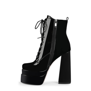WETKISS-Botas de tacón alto grueso OEM para mujer, <span class=keywords><strong>botines</strong></span> de charol negro, <span class=keywords><strong>botines</strong></span> de doble plataforma con cordones, venta al por mayor - Product Image 2