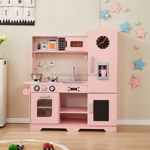 Cuisine de jeu en bois de luxe pour enfants avec réfrigérateur, micro-ondes, cuisinière et évier de style vintage, ensemble de cuisine d'imitation haut de gamme - Product Image 1