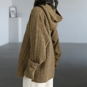 Suéter con capucha y cuello en V para mujer, suéter de lana de Color mezclado, suave, suelto e informal, para Otoño e Invierno