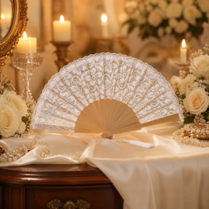 Éventail pliant en bois de 23 cm, style artisanal, en dentelle, pour mariage et fête, décoration intérieure – En stock - Product Image 2