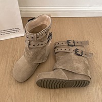 Bottines Western pour femme JR, en PU, à enfiler, avec boucle, style vintage, automne, talons fins rehaussants, hauteur moyenne