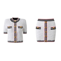 AIMEISI Nouveautés T-shirt tricoté à manches courtes contrastées Tops Jupe et haut en tweed épais Ensemble deux pièces en tricot pour femmes