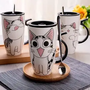 Hochwertige Phantasie Design Heide Kreative Glasur Katze Keramik becher Mit Deckel Löffel Cartoon Milch Tee tasse Porzellan Tasse Set - Product Image 4