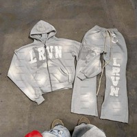 Ensemble survêtement surdimensionné en molleton français personnalisé, streetwear, lavage à l'acide, sweat-shirt à fermeture éclair et pantalon de survêtement, broderie de patch, survêtement pour homme