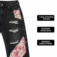 Jean en denim noir délavé à l'acide, patchwork floral, coupe évasée, jambe large, ourlet déchiré, style baggy, pour le look grunge rock