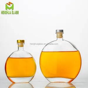 豪华透明250毫升500毫升平圆形玻璃橄榄油瓶独特形状酒液容器玻璃瓶与软木