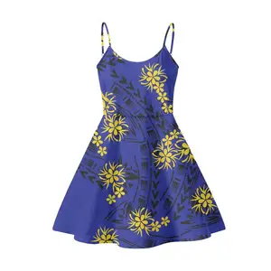 Vestido de alcinha tribais polynesian, vestido espaguete azul estampa de flores personalizado, tamanhos grandes para mulheres