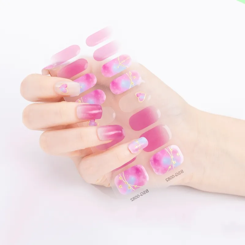 New Arrivals Pink Heart Valentine's day Thick Semi Cured Gel 3d Nail Sticker Customized pattern design Gel Wrap 16 strips