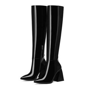Mirror Patent Women Knee High <b>Boots</b> Black Shoes Pointed Toe Chunky Heel Unique Design Footwear Fashion Slim Riding - Product Image 3