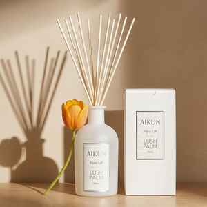 Aikun 250ml Frosted Round Glass Bottle Sticker Low Moq Custom Scent Long Lasting <b>Reed</b> <b>Diffuser</b> Ribbed Box Set for Decor Stores - Product Image 1