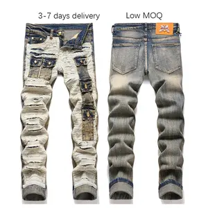 In Voorraad Gat Blauw Slim-Fit Korea Versie Hoge Kwaliteit Punk Jeans Patchwork Aparte Design Denim Broek