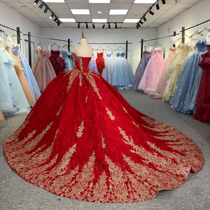 Dy6969 Quinceanera Dress <b>Red</b> Organza <b>Sequined</b> Lace Ball Gown with Chapel Train for Candy Color Natural Waistline Ruffles - Product Image 3