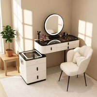 Coiffeuse moderne pliable en chêne massif avec miroir LED, station de charge sans fil, quincaillerie en acier inoxydable, plateau en verre et tabouret