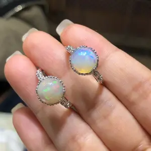 Australia Opal Stone Natural 925 Sterling Silver Luxury Rings Opal Beads Round Ethiopian 11mm Opal Jewelry Rings For Ladies