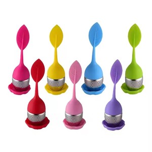 Lá cầm tay hình dạng thép không <span class=keywords><strong>g</strong></span>ỉ Tea Infuser với Silicone xử lý + Khay trà lọc Bộ Trà Kim Loại bộ lọc đồ dùng - Product Image 1