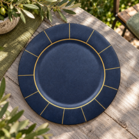 Assiette de Présentation Moderne de Luxe 13 pouces en Plastique, Motif Géométrique Bleu Marine et Or Imprimé UV, pour Mariages et Banquets