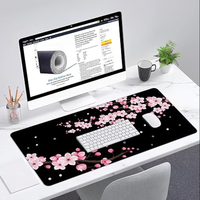 Tapis de bureau japonais rose fleur de cerisier, tapis de souris long noir, tapis de bureau mignon pour bureau,