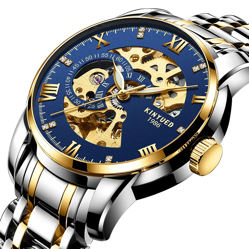 Kinyued-Reloj de pulsera de acero inoxidable para hombre, accesorio masculino resistente al agua hasta 3 atm, con mecanismo automático de movimiento J020