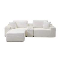 Sofá Seccional em L com Console, Sofá Modular Moderno de Canto, Sofá de Veludo Cotelê Luxuoso e Confortável com Porta-Copos