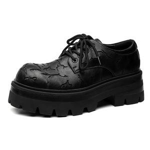 Leather <b>Shoes</b> Men Low Cut Niche Thick Soled <b>Height</b> <b>Increasing</b> Burst Pattern Casual Black Workwear British - Product Image 3