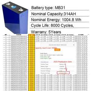 แบตเตอรี่ลิเธียมไอออน LiFePO4 เกรดเซลล์ปริซึม MB31 314Ah 3.2V สำหรับระบบกักเก็บพลังงานแสงอาทิตย์และการตั้งแคมป์ แบตเตอรี่ 314Ah ขายส่ง - Product Image 3