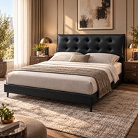 Cadre de lit plateforme moderne de luxe noir rembourré avec tête de lit pour chambre principale, chambre d'hôtel, maison