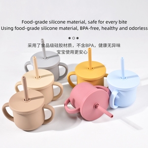 Tasse à bec en silicone pour bébé avec couvercle, anti-fuite, anti-brûlure, sans BPA, pour tout-petits et enfants, avec paille intégrée, pour les repas et l'apprentissage de la boisson - Product Image 3