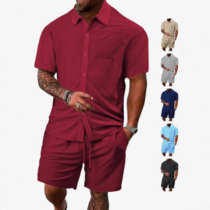 Conjunto de camisa de manga corta con botones y pantalones cortos casuales de verano para hombre, transpirable, de color sólido, tela jacquard, ropa informal. - Product Image 5