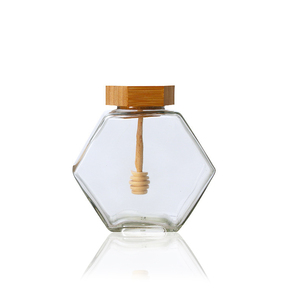 Stoples Madu Kaca Bentuk Heksagonal dengan Sendok Kayu Kosong 380ml Wadah Penyimpanan Madu Transparan dengan Tutup Bambu - Product Image 3