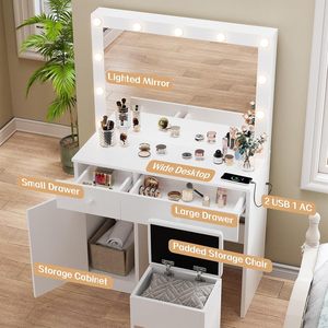 Coiffeuse blanche <span class=keywords><strong>avec</strong></span> <span class=keywords><strong>miroir</strong></span> LED <span class=keywords><strong>et</strong></span> prise <span class=keywords><strong>de</strong></span> courant, ensemble coiffeuse <span class=keywords><strong>avec</strong></span> armoire <span class=keywords><strong>de</strong></span> rangement, tiroirs, modes d'<span class=keywords><strong>éclairage</strong></span> réglables - Product Image 2