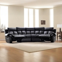 Canapé inclinable moderne en cuir noir extensible avec fauteuils inclinables intégrés, revêtement en tissu et structure en bois