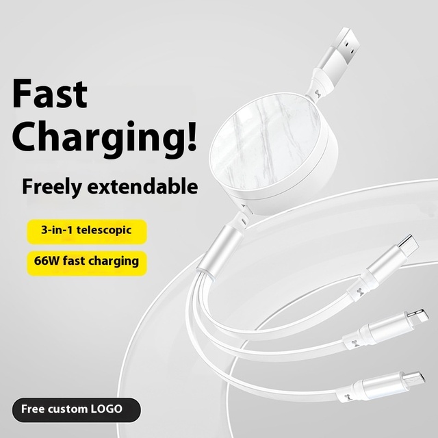 Custom Logo 3A Fast Charging 66W Three-Line Mobile Phone Charger TPE Jacket Multi-Function Data Cable Pure Copper Conductor