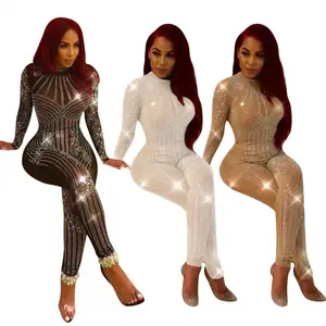 Steentjes Sheer Mesh Jumpsuit Lange Mouw Vrouwen Zien Door Sexy Night Club Party Romper Mode Overalls Y12242