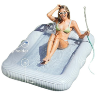 Flotteur de piscine XL en vinyle à rayures bleues avec coussin et porte-gobelet, 72x48 pouces, capacité de 100 kg