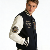 Jaket Varsity Pria Kulit Asli Berkualitas Tinggi Model Vintage Hip Hop, Jaket Baseball Letterman Wol Bordir Anti Angin