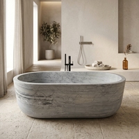 Baignoire autoportante ovale en marbre gris clair, veinage horizontal sculpté, pierre naturelle pour salle de bain, spa moderne