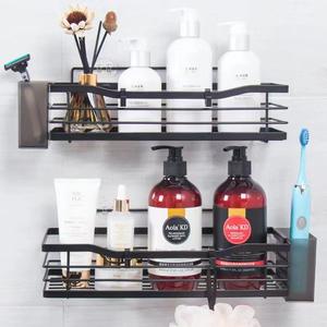 מדף אמבטיה מודרני ממתכת, עמיד למים, חוסך מקום, תלוי על הקיר, רב שכבתי עם ווים לאחסון מוצרי טיפוח - Product Image 1