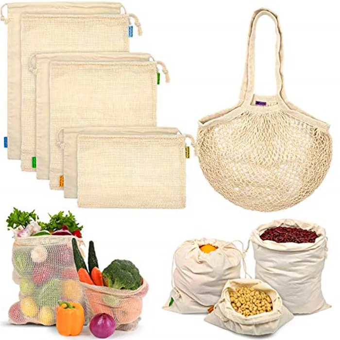 Washable Reusable Large Shopping Organic Net Laundry Cotton Mesh Tote Bag Handled Eco Friendly Cotton Mesh Drawstring Bags