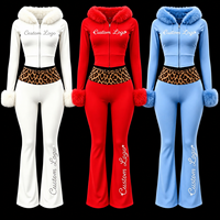 Nouvelle Collection 2026 – Vêtements d'hiver pour femme : Veste zippée à capuche en fourrure imprimé léopard avec logo personnalisé en strass et pantalon évasé à revers