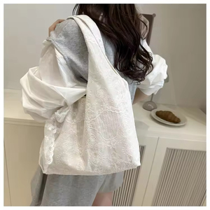 Bolsa de Mano de Lona Blanca Pura a la Moda para Mujer, Gran Capacidad, con Lazo Abierto y Bonito Estampado Floral, Forro de Poliéster - Product Image 3