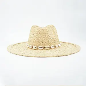 Gewebter natürlicher Raffia-Strohhut Mittlere Krempe Feiertags strohhut für Summer Beach Cowgirl-Hut mit Muscheln besatz