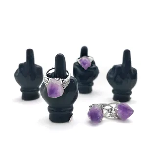Natural Crystal Carving Black Obsidian Hand Middle Finger Statue Peculiar Ring Drag