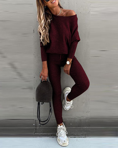 Costume de sport décontracté pour femme haut pull solide à épaules dénudées avec pantalon long vêtements de sport en tricot qui frappe la longueur de la <span class=keywords><strong>cheville</strong></span> - Product Image 6