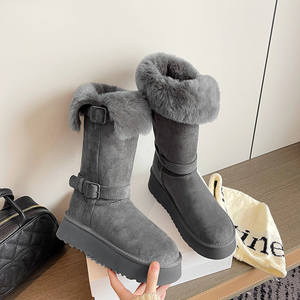 Botas de nieve grises para mujer 2026, nuevas, hasta la rodilla, forradas de lana, cálidas, de algodón grueso, con suela elevadora de 2 usos - Product Image 3