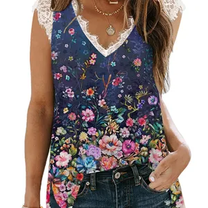 2023 Fashion Summer Beach Floral Style V-neck Lace T-shirt Casual Women Top Manufacturer Wholesale