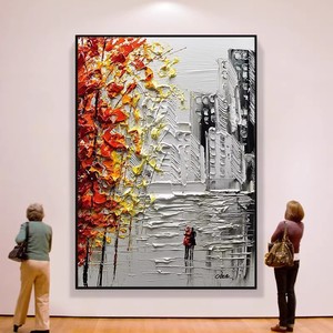 Peinture à l'huile abstraite peinte à la main, paysage urbain, cadre métallique 3D, murale rectangulaire pour décoration de salon ou d'entrée - Product Image 1