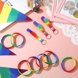 Rainbow Multi-Color Silicone Rubber Band Wristband <strong>Segmented</strong> Bracelet with <strong>Plain</strong> Silicon Keychain - Product Image 3