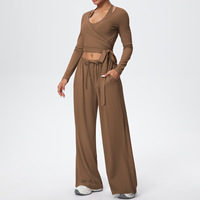 Ensemble de vêtements de sport nude pour femme, pantalon de yoga à jambes larges, couleur unie, ensemble de vêtements de sport, soutien-gorge push-up, leggings à manches longues, ensemble de 3 pièces