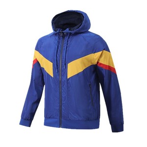 Chaqueta Deportiva Azul con Capucha para Hombre, con Bloques de Color Amarillo y Rojo, Cierre de Cremallera Resistente al Viento, para Entrenamiento al Aire Libre - Product Image 1